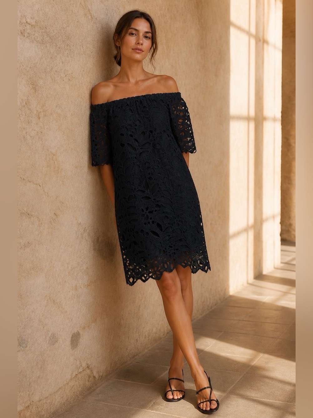 Prettygarden Black Off Shoulder Crochet Lace Shift Mini Dress Size Small
